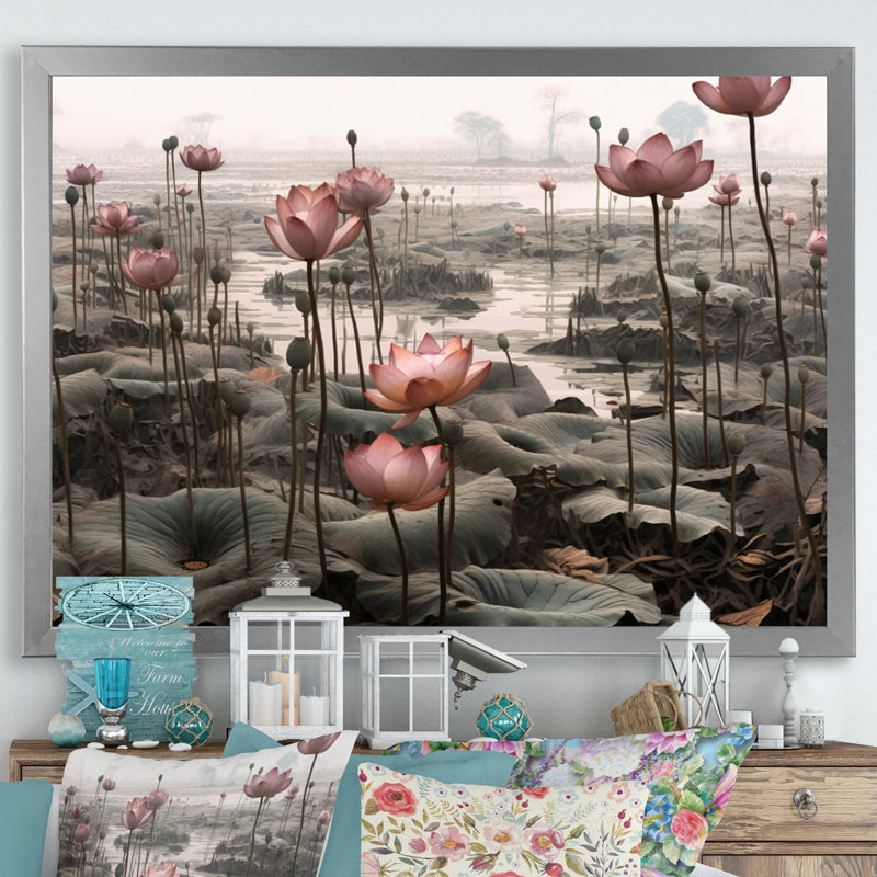 «Grey Pink Lotus Pond» sur toile par John Audubon, H 34 po x l 44 po x P 1,5 po, Cadre photo argenté