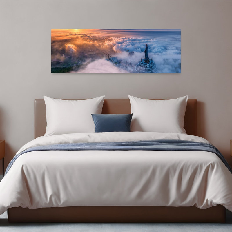 Statue sereine brume dorée dramatique montagne sereine tranquille lever de soleil, art mural, H 16 po x l 48 po