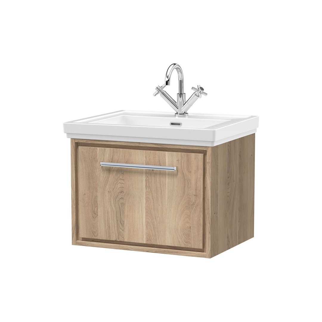 Hudson Reed Lille 600mm Wall Hung Vanity Unit - Single Drawer - Bleached Oak - Fireclay Basin - Image 2