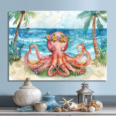 Pieuvre méditant sur la plage à Hawaï - Pieuvre / calmar, art mural, salon