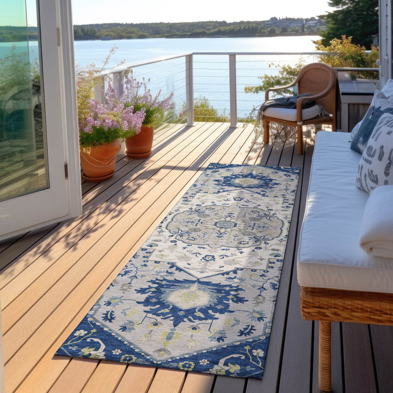 Lidia Blue Washable Indoor-Outdoor Rug - , 2'3" x 7'6"