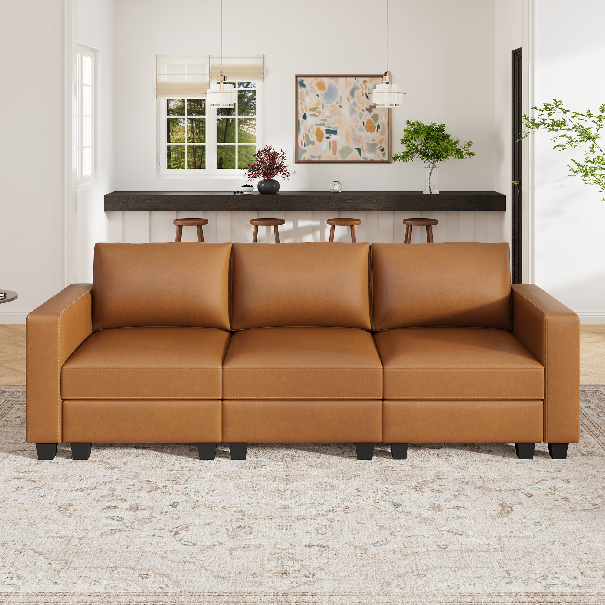 Latitude Run® Abramson Modern Faux Leather Upholstered 3-Seater Sofa ...