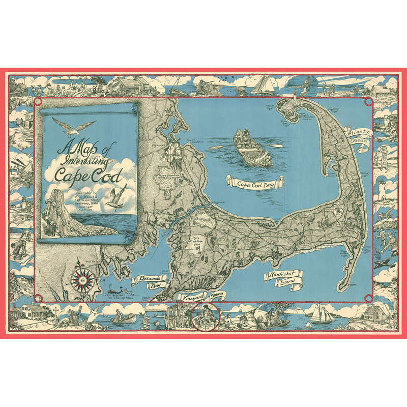 1945 Miller Map of Cape Cod - reproduction d'art graphique sur papier, Toile tendue, H 12 po x l 18 po x 1,5 po