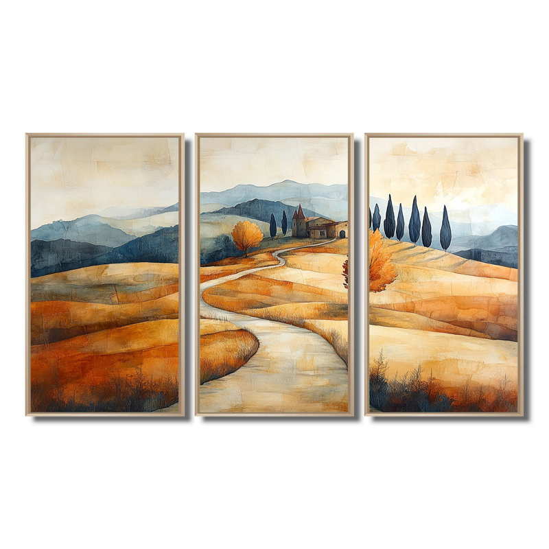 Ensemble de salon orange «Orange Path To The Farm In Autumn I», Toile naturelle avec cadre flottant