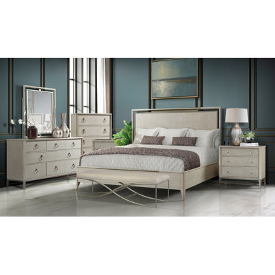 Cathie Solid Wood Bedroom Set With Metal Frame, Queen Bed, Dresser, Mirror, 2 Nightstands, Chest, And Bench, Champagne by Beachcrest Home
