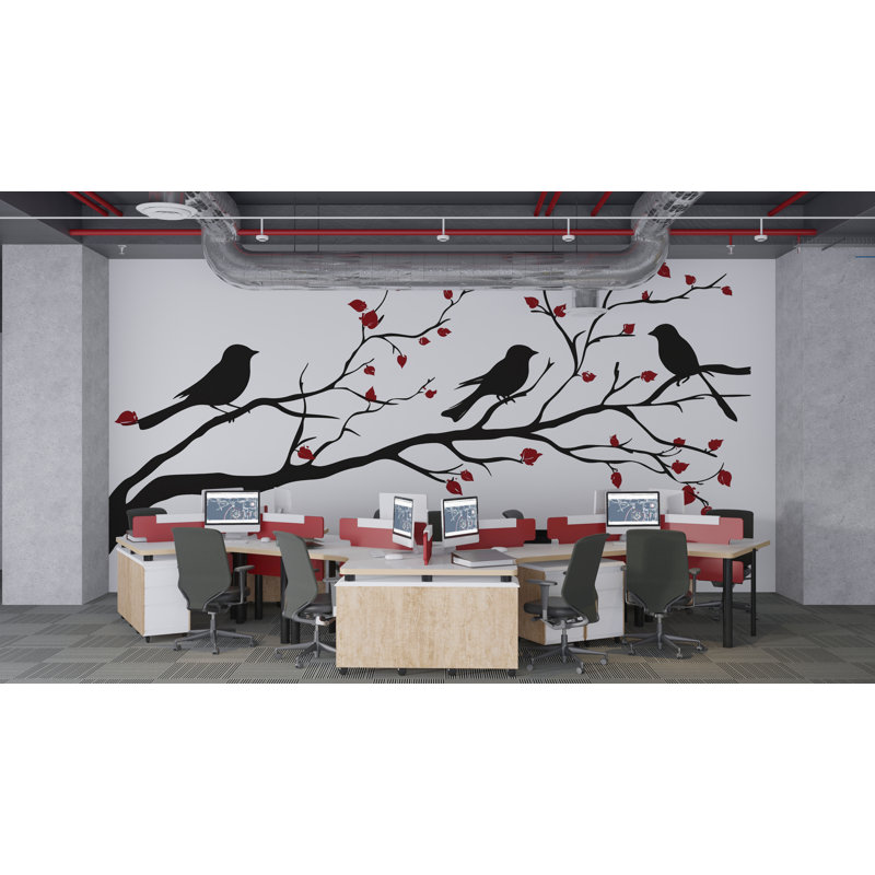 Oiseaux sur une branche, autocollant mural, arbre, silhouette noire, art mural amovible, nature, décoration murale, bureau à domicile