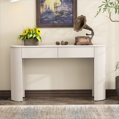 Table d'entrée avec design cannelé, console moderne avec rangement, plateau ovale et 2 tiroirs pour l'entrée et le salon (blanc champagne)