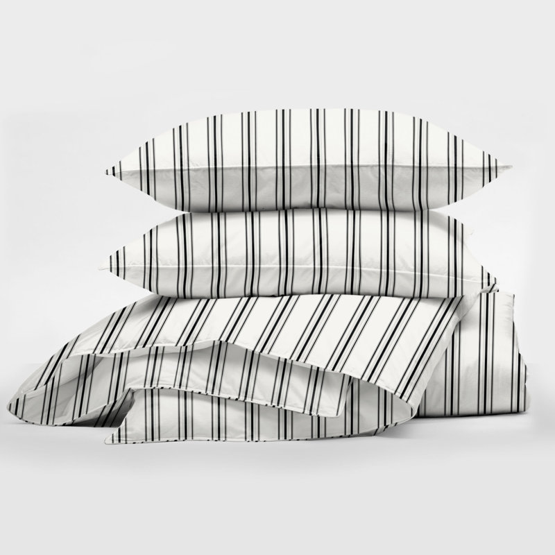 August Stripe Reversible Cotton Duvet Cover Set, Ebony, Super King Duvet Cover + 2 King Shams