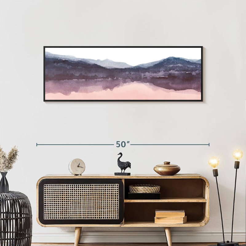 Aquarelle paysage IV rosé indigo III, 57 po x 19 po, Cadre flottant noir