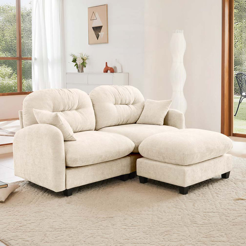 Canapé modulaire en chenille 2 places avec 2 coussins et repose-pieds, H 36,6 po x l 74 po x P 34,2 po, 2, Beige