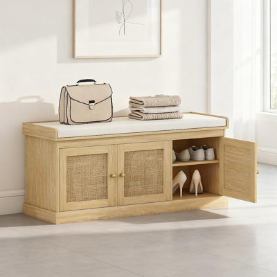 Banc de rangement pour chaussures avec portes en rotin tissé, banc pour chaussures