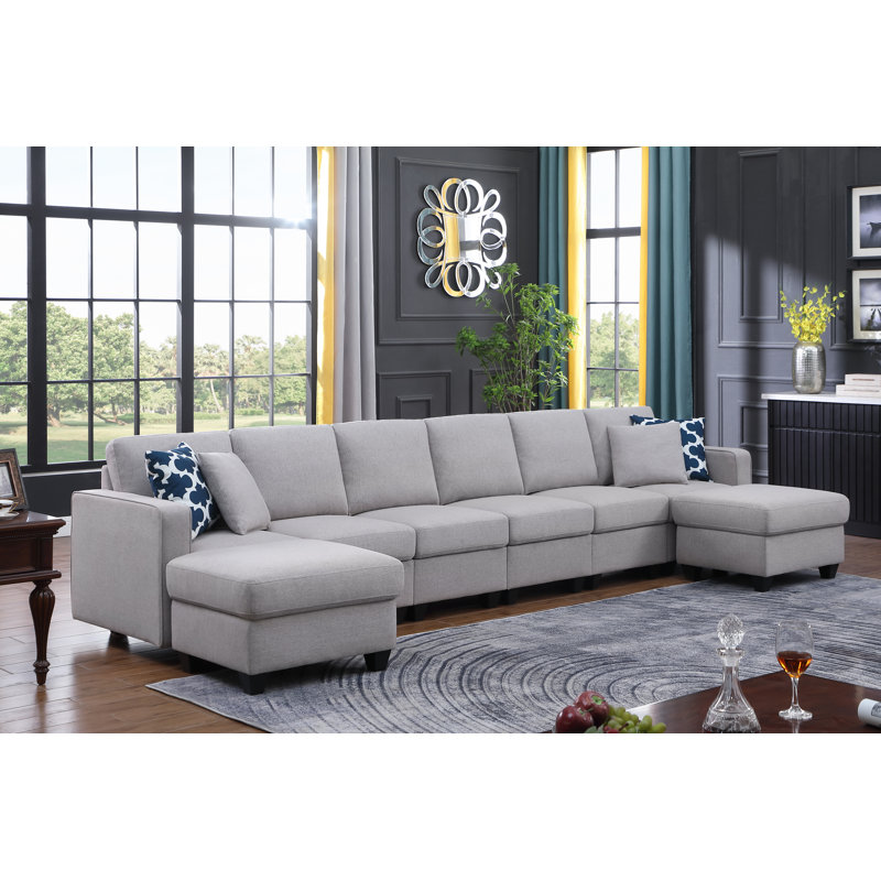 Jessica 148.5" Wide Modular Sofa with Ottoman, Light Gray Linen
