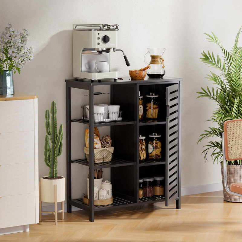 Bamboo Storage Cabinet with Door and 3 Open Shelves, Black