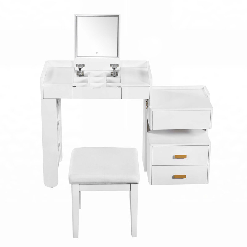 3-in-1 Makeup Vanity Desk with Flip-Top Mirror, LED Lighting, Adjustable Length & Ample Drawers - Stylish Multi-Functional Dressing Table for Home
