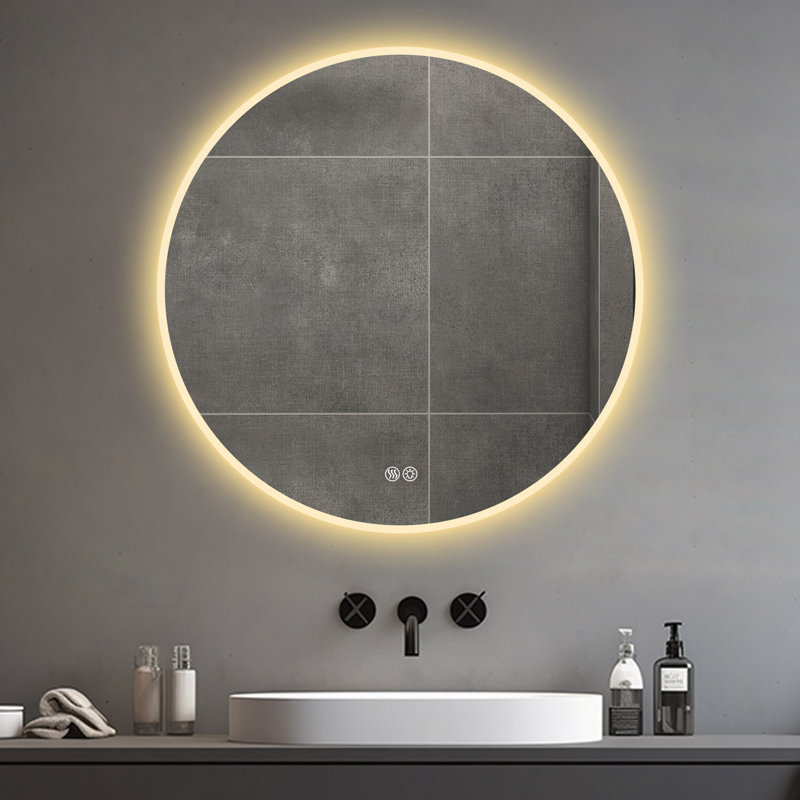 Miroir rond de salle de bain 32 po à DEL avec meuble-lavabo à fixation murale, anti-buée, 3 lumières à température de couleur réglable et à intensité variable, miroir de maquillage pour la chambre à coucher et la salle de bain, miroir intelligent pour la décoration intérieure moderne