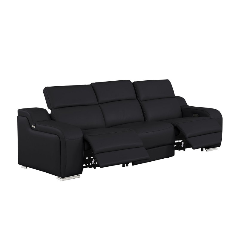 103" Black Italian Leather Reclining USB Sofa