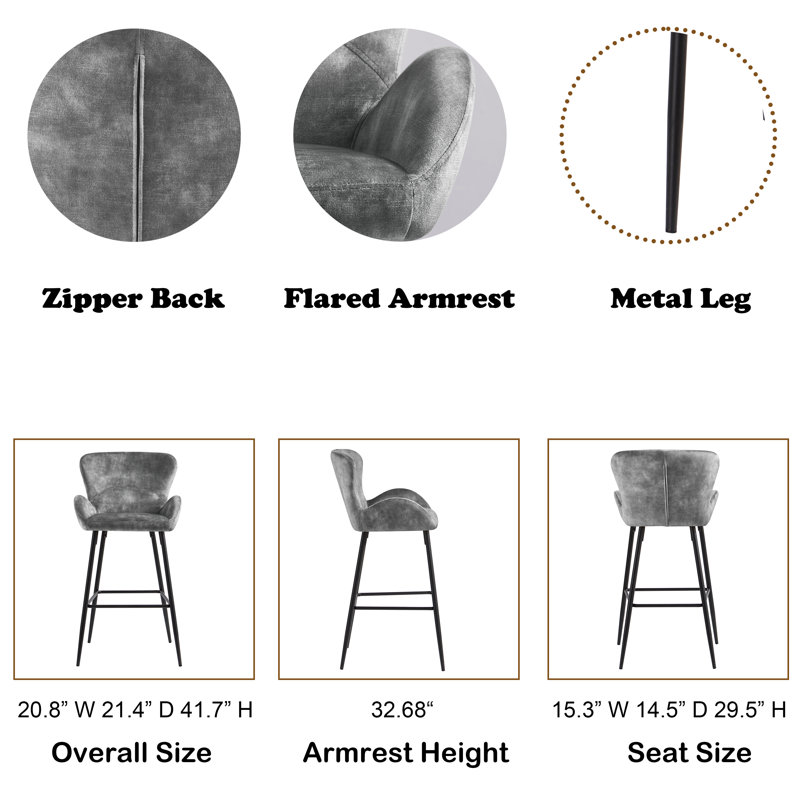 Ferrier 29.53" Bar Stool, Gray Velvet