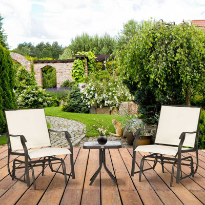 3 Piece Outdoor Glider Chair With Coffee Table Bistro Set, 2 Patio Rocking Swing Chairs With Breathable Sling Fabric, Glass Tabletop, For Backyard, Garden And Porch