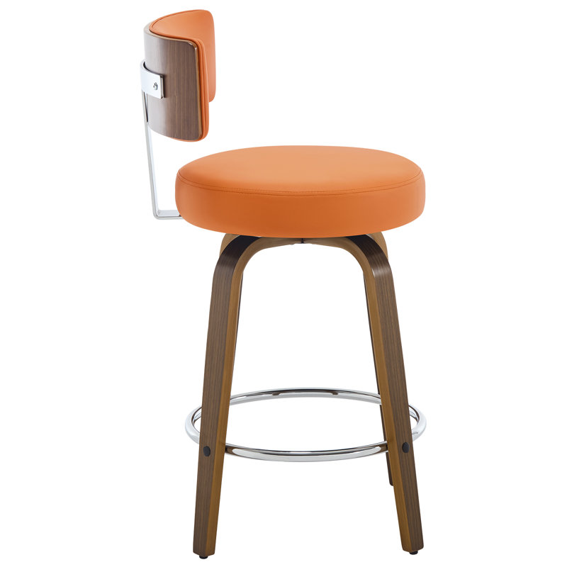 Orange Faux Leather Swivel Counter Stools with Walnut Wood Legs