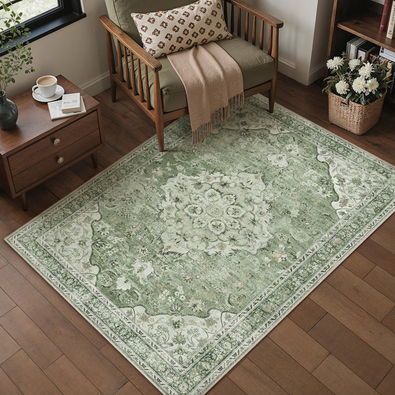 Tapis oriental lavable avec envers antidérapant Eleanor, Vert, Rectangulaire 3 pi x 5 pi