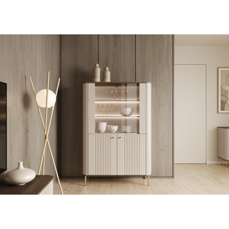 Glass 103 cm W Display Cabinet, Brown/Beige/Gold