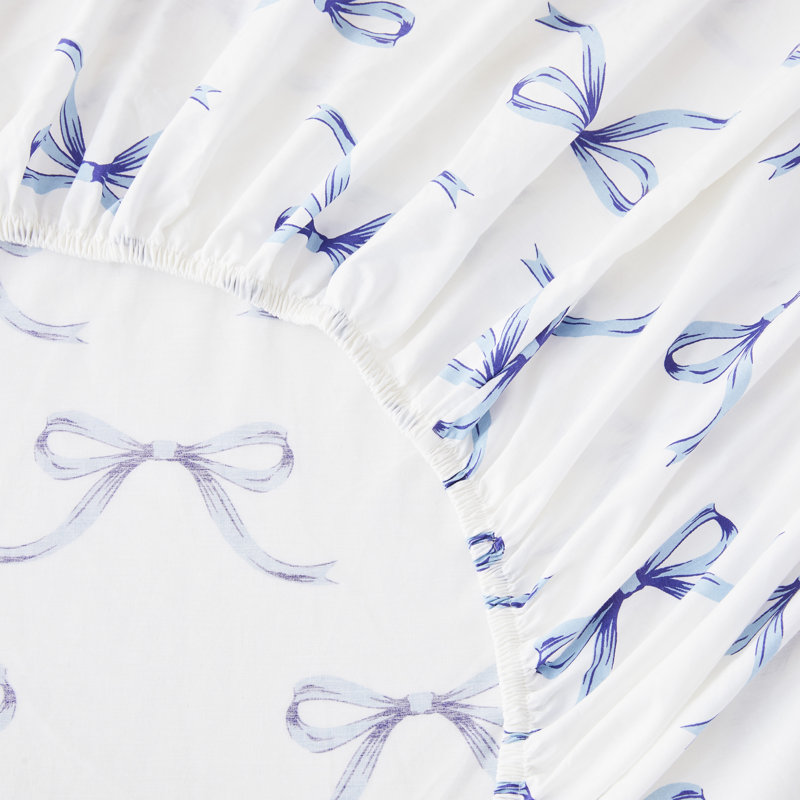 Bows Printed Cotton Percale Sheet Set, California King Sheet Set with 2 Pillowcases, Blue