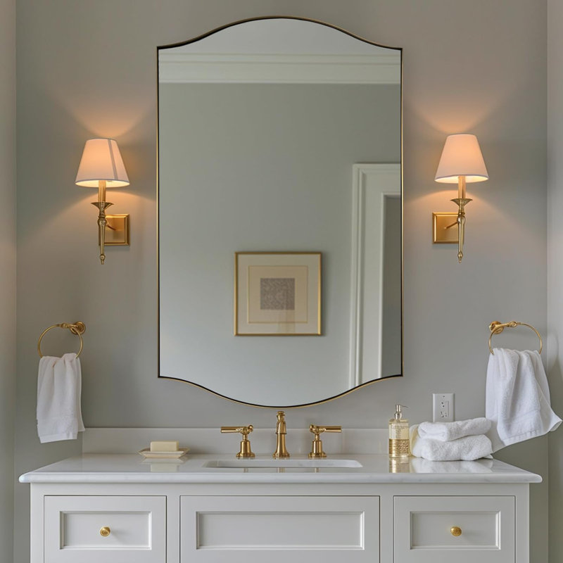 Miroir de salle de bain mural rectangulaire à double arche festonnée | Cadre en acier inoxydable, Or brossé, 40 po x 24 po