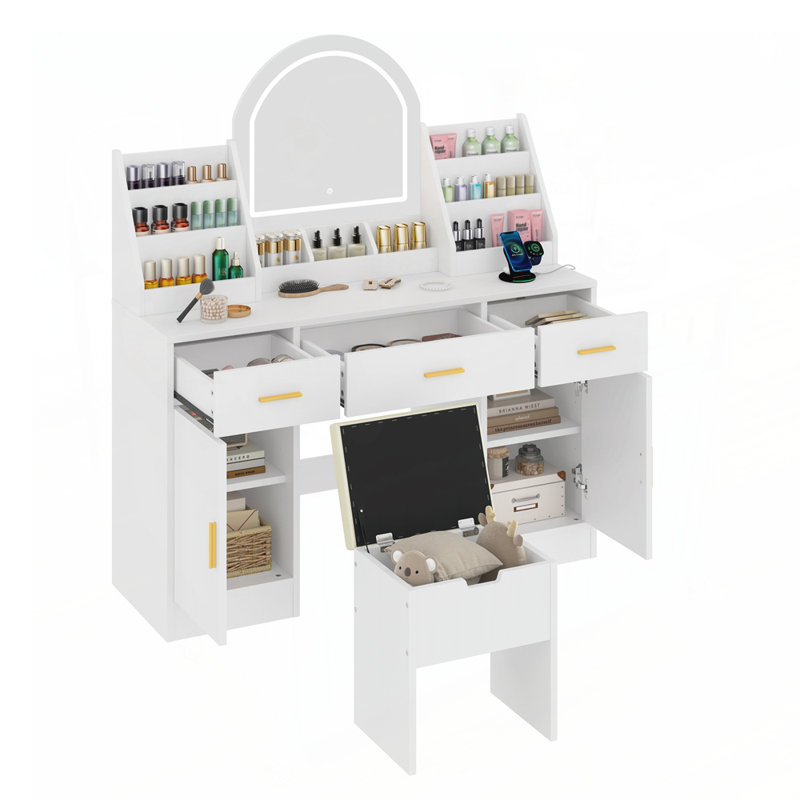 Bureau de coiffeuse moderne avec miroir à DEL, tabouret de rangement et plusieurs organisateurs pour des solutions de maquillage et de rangement élégantes