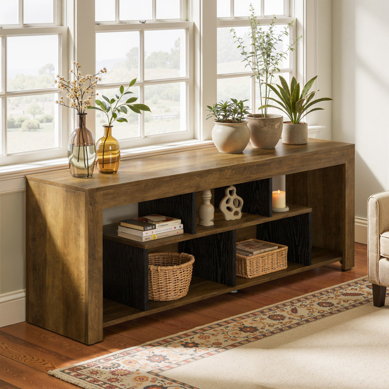 Console 63 po en bois, table d'entrée longue avec cubes de rangement