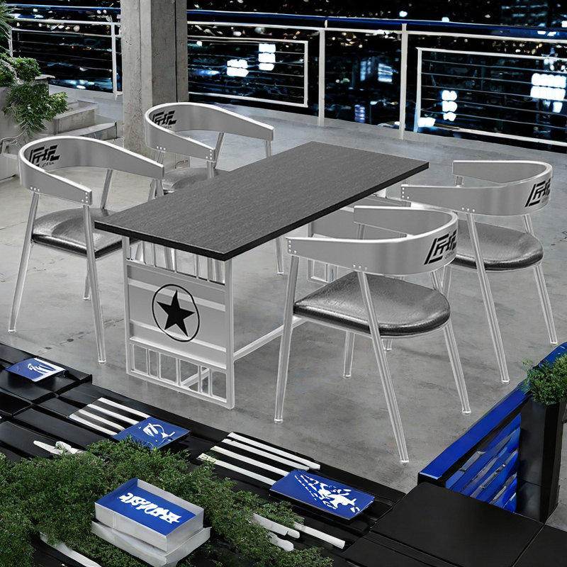 Table et chaises créatives de style industriel, 5, Plateau noir / base argent, Argent / Noir
