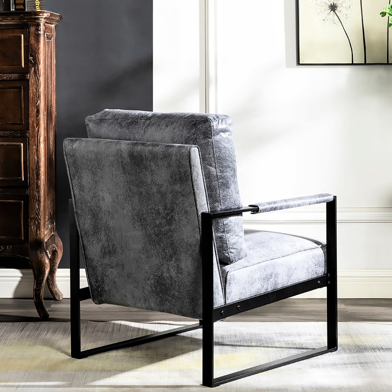 Fauteuil gris moderne du milieu du siècle avec coussin épais et microfibre à pois, structure métallique carrée pour bureau, fauteuil d'appoint en microfibre ouvert, style chambre
