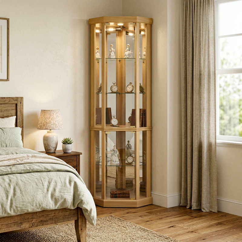 American Classical Lighted Corner Curio Cabinet - Glass Doors, Adjustable Shelves, 150LBS, Tan
