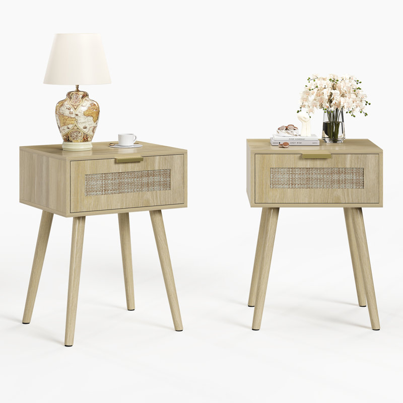 15.6"W Nightstand Set of 2, Rattan Drawer & Solid Wood Legs for Bedroom or Living Room, Beige