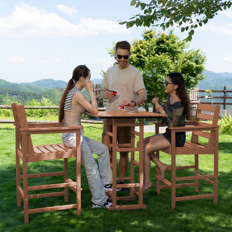 All-Weather HDPE Outdoor Bar Table – 42" Tall Square Patio Pub Table with Footrest, Weather-Resistant Faux Wood Grain Finish, Indoor/Outdoor Use – Teak