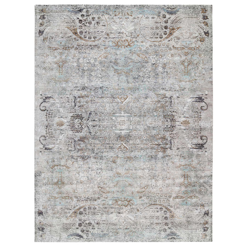 13 po x 9 po x 18 po x 1 po gris, soie avec laine texturée nouée à la main, conception moderne à médaillon effacé d'inspiration persane transitionnelle, très grand tapis oriental Sh64448