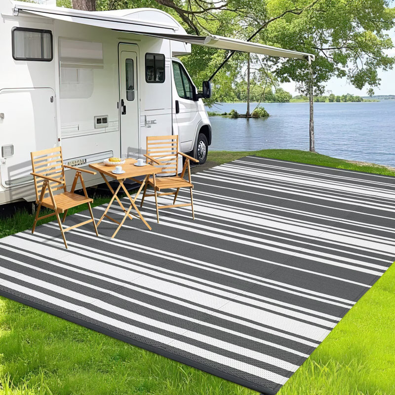 Waterproof Outdoor Rug Reversible Plastic Straw Rug, Modern Striped Outside Mat, UV-Resistant Camping Rug, Outdoor Carpet for Porch, Deck