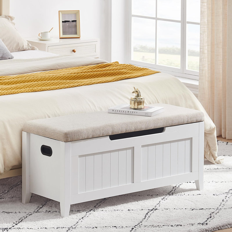 Banc de rangement de 42 po - coffre à jouets en bois avec siège et 2 charnières de sécurité, coffre de rangement à coffre rabattable