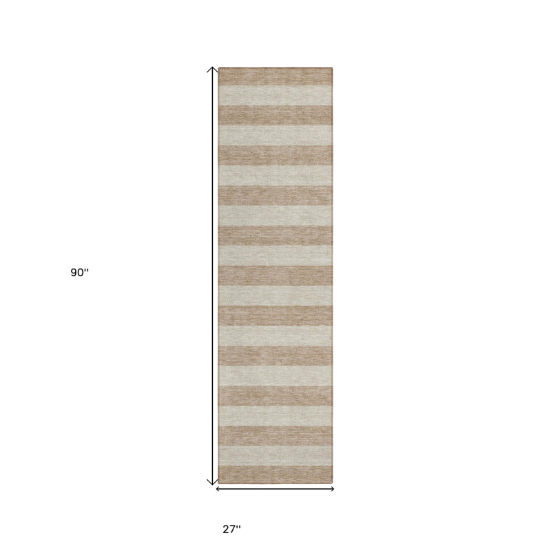 8' Runner Beige Striped Washable Non Skid Indoor Outdoor Runner Rug