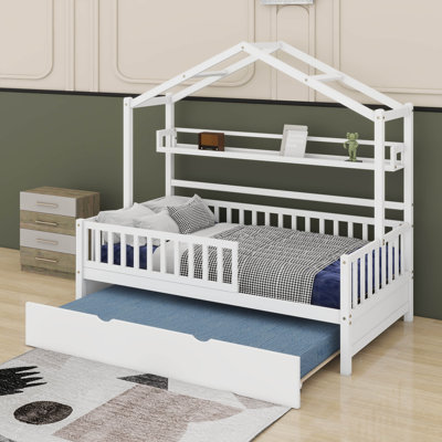House Bed With Trundle And Storage Shelf, Wood Bed Frame With Roof And Safety Guardrail