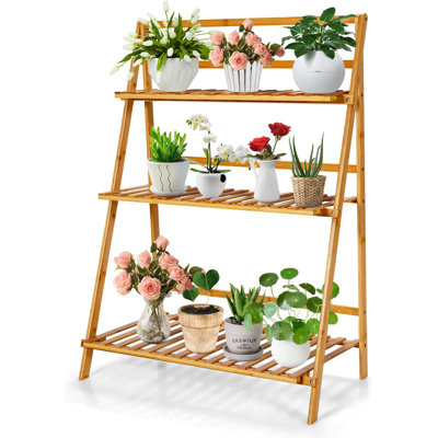 3-Tier Foldable Bamboo Plant Stand – Compact, Durable Indoor/Outdoor Display