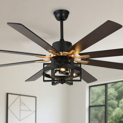  65" Industrial Black Gold Large Ceiling Fan with Light and Remote, 8-blade 6 Speed Reverisble Blades DC Motor for Living Room
