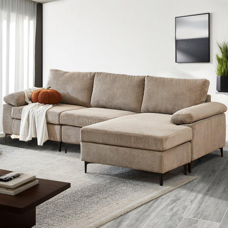 Rita 100.02" Wide Upholstered Corduroy Modular Sectional Sofa, Beige Corduroy