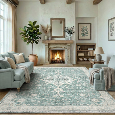 Oriental Inspired Vintage Machine Washable Area with Non-Slip Backing for High Traffic Area, Living Room, Bed Room, Kitchen, Hallway, Entryway Rug