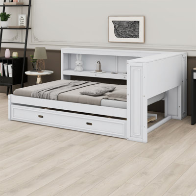 Wood Daybed With Storage Shelves, USB, LED, And Trundle