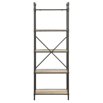 Vintage 5 Bookcase In Antique Oak And Sandy Grey - Metal Framework For Enhanced Display Organization Fits Books, Plants, Decor Living, Office, Bedroom Areas Build Optimal Ideal Living Room,