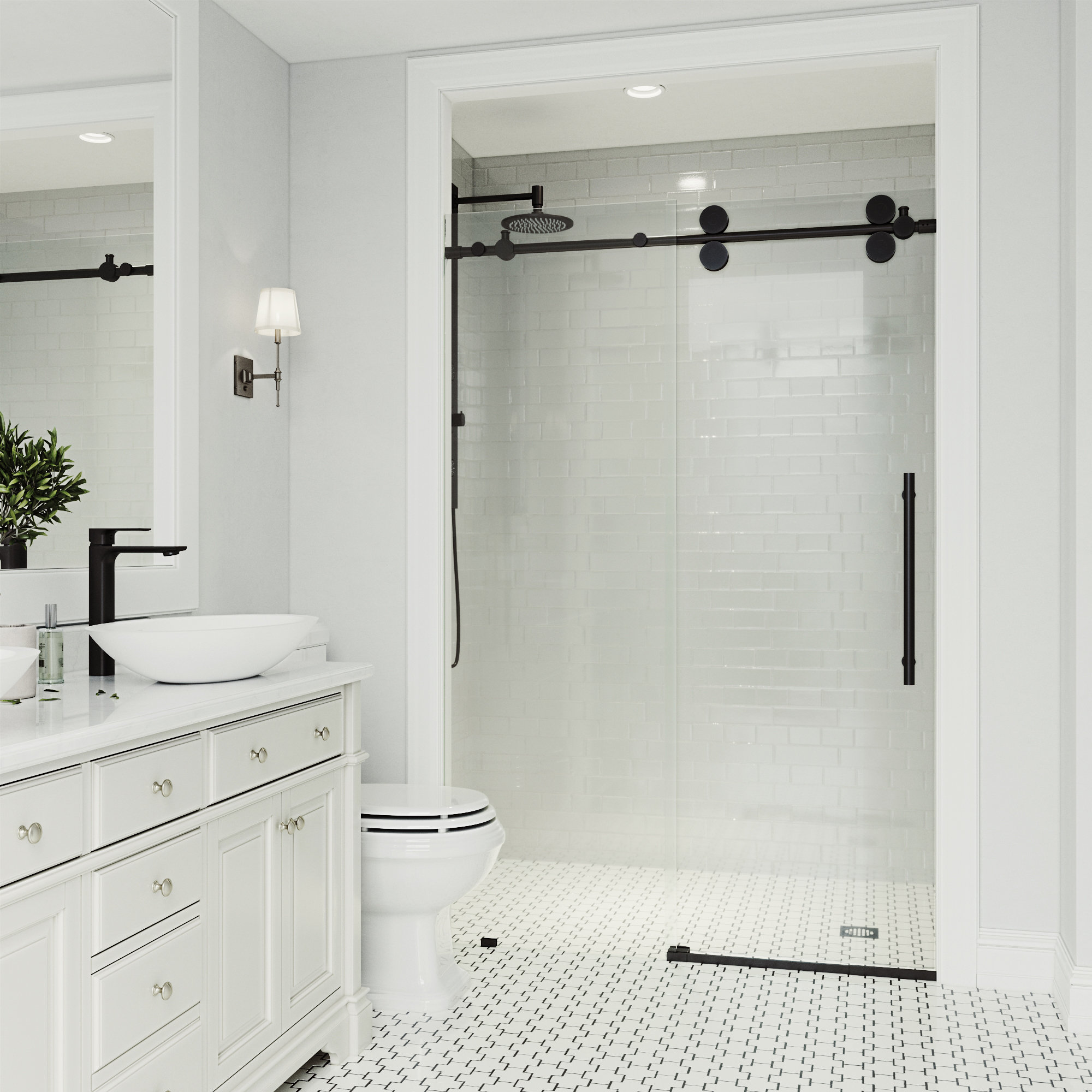Elan 64-68" W x 74" H Sliding Frameless Shower Door with 3/8" Clear Glass, Matte Black