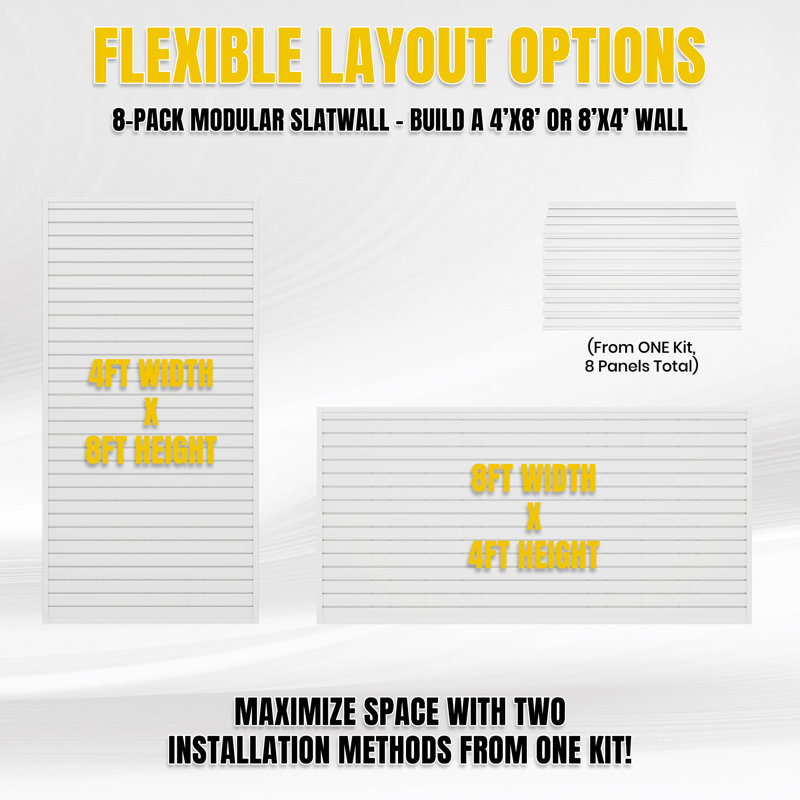 Système d'organisation de garage robuste en PVC 8 pi x 4 pi Slatwall, Blanc