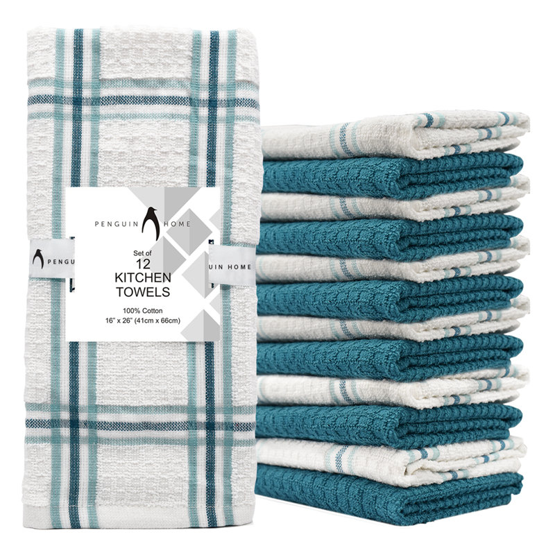 Cotton Stripe Waffle Tea Towel Kitchen Towel, Teal