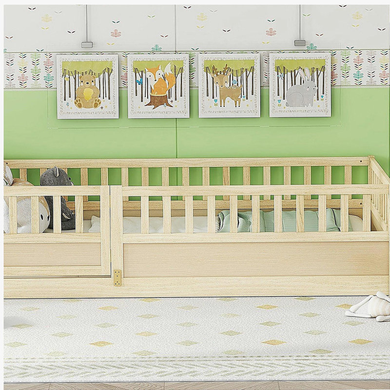 Twin Size Floor bed, integral construction with super high security barrier, door, children's floor bed frame, Montessori wooden children's floor bed,Natural Wood