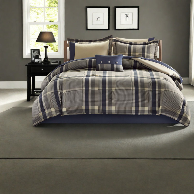 Ensembles de literie à carreaux modernes, polyester hypoallergénique, édredon bleu marine pour chambre familiale